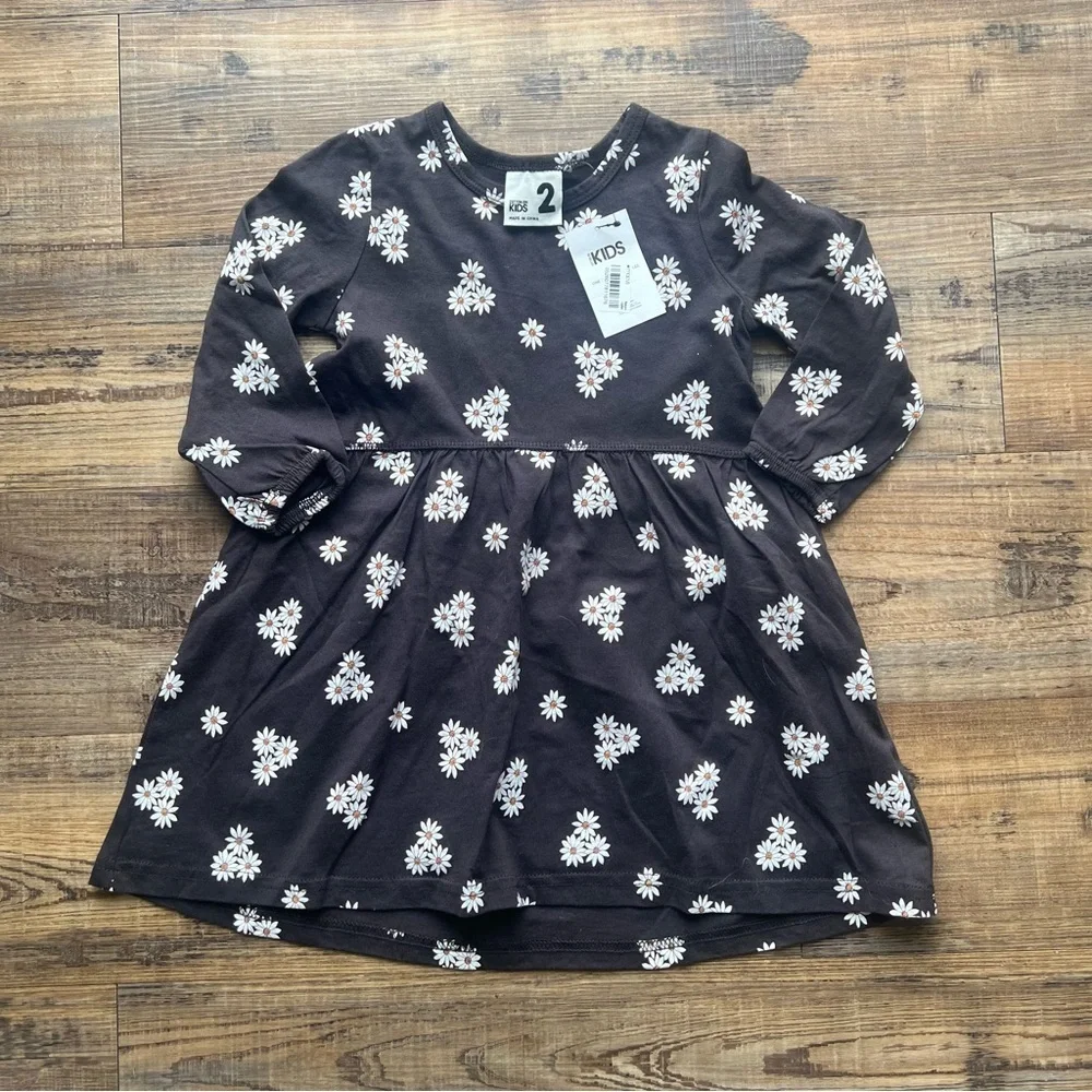 Cotton On Kids Girls Grey/Black Floral Daisy Long Sleeve Dress Fall Size 2 NWT